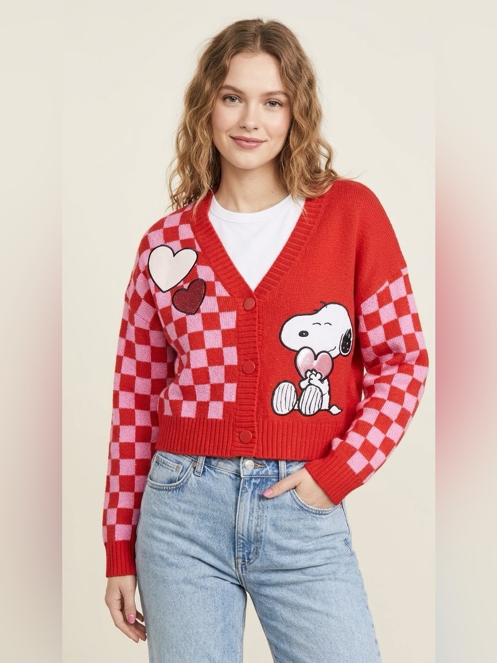 Peanuts Red & Pink Graphic Heart Snoopy Cardigan Sweater size L